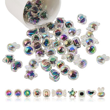 60Pcs 10 Styles Acrylic Beads, Rainbow Color Plated, Bead in Bead, Faceted Black, Mixed Shapes, 12~29mm, Hole: 2~3mm, 6pcs/style