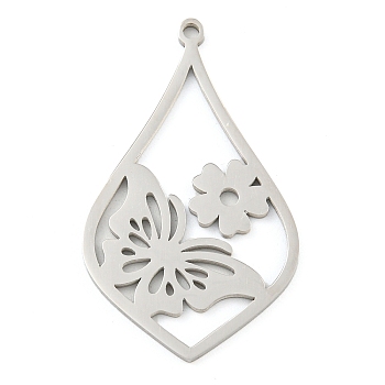 Non-Tarnish 304 Stainless Steel Pendants, Laser Cut, Teardrop with Butterfly & Flower Charm, Stainless Steel Color, 34.5x20x1.3mm, Hole: 1.6mm