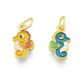 Alloy Enamel Charm, with Jump Rings, Matte Gold Color, Sea Horse, Colorful, 13.5x7.5x1.8mm, Hole: 3.6mm