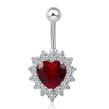 Piercing Jewelry Real Platinum Plated Brass Rhinestone Heart Navel Ring Belly Rings, Siam, 32x16mm, Bar Length: 3/8"(10mm), Bar: 14 Gauge(1.6mm)