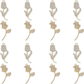 SUPERFINDINGS 16Pcs 2 Style  Rack Plating Alloy Pendants, with Crystal Rhinestone, Cadmium Free & Lead Free, Flower, Light Gold, 32.5~35x12~20x3~4.5mm, Hole: 1.6mm, 8pcs/style