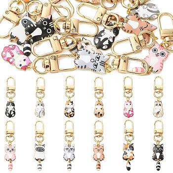 12Pcs 12 Styles Plating Alloy Enamel Cat Shape Pendant Decorations, with Swivel Clasps, Golden, Mixed Color, 61~75mm, 1pc/style