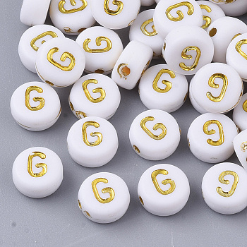 Plating Acrylic Beads, Golden Metal Enlaced, Horizontal Hole, Flat Round with Alphabet, White, Letter.G, 7x3.5mm, Hole: 1.2mm, about 360pcs/50g