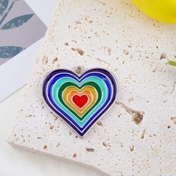 Alloy Enamel Pendants, Rainbow Color Heart, Cadmium Free & Lead Free, Platinum, 29x28mm