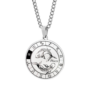 Unisex 201 Stainless Steel Constellation Pendant Necklaces, with Curb Chains, Laser Engraved Pattern, Flat Round, Pisces, 13.19 inch(335mm) 
