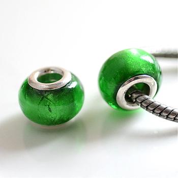 Handmade Silver Foil Glass European Beads, with Silver Color Plated Brass Cores, Rondelle, Green, 14x10mm, Hole: 5mm