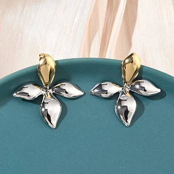 Two Tone Flower 304 Stainless Steel Stud Earrings, Ion Plating(IP), Long-Lasting Plated, Real Gold Plated & Stainless Steel Color, 35x31.5~32mm
