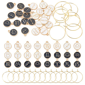 2 Sets Alloy Enamel Pendants Flat Round with Twelve Constellation Pattern, with Brass Wine Glass Charm Rings, Hoop Earrings Findings, for DIY Wine Glass Charms, Mixed Color, 15x12mm