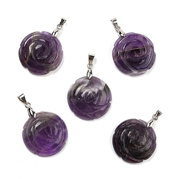 Natural Amethyst Pendants, with Platinum Tone Brass Findings, Flat Round with Rose Pattern, 32x25x8mm