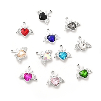 Alloy Glass Pendants, Crystal Rhinestone Heart with Wing Charm, Platinum, Mixed Color, 21.5x22.5x5.5mm, Hole: 2mm