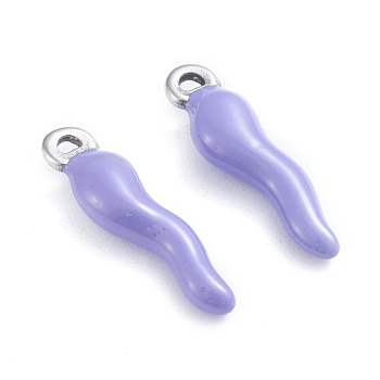 304 Stainless Steel Pendants, Enamelled Sequins, Horn of Plenty/Italian Horn Cornicello Charms, Stainless Steel Color, Lilac, 17.5x4.5x3.5mm, Hole: 1mm