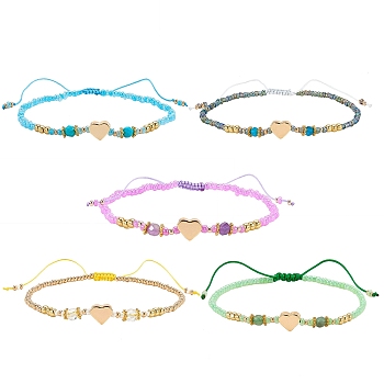 5Pcs 5 Colors Adjustable Nylon Cord Braided Bead Bracelets, with Glass Seed Beads, Brass Heart Beads, Alloy Spacer Beads, Natural Gemstone Beads and Velvet Bag Beads, Mixed Color, Inner Diameter: 2-1/8~3-7/8 inch(5.5~9.8cm), 1pc/color