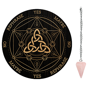 AHADEMAKER Divination Sets, including 1Pc PVC Plastic Pendulum Board, 1Pc 304 Stainless Steel Cable Chain Necklaces, 1Pc Natural Rose Quartz Stone Pendants, Trinity Knot Pattern, Board: 200x4mm