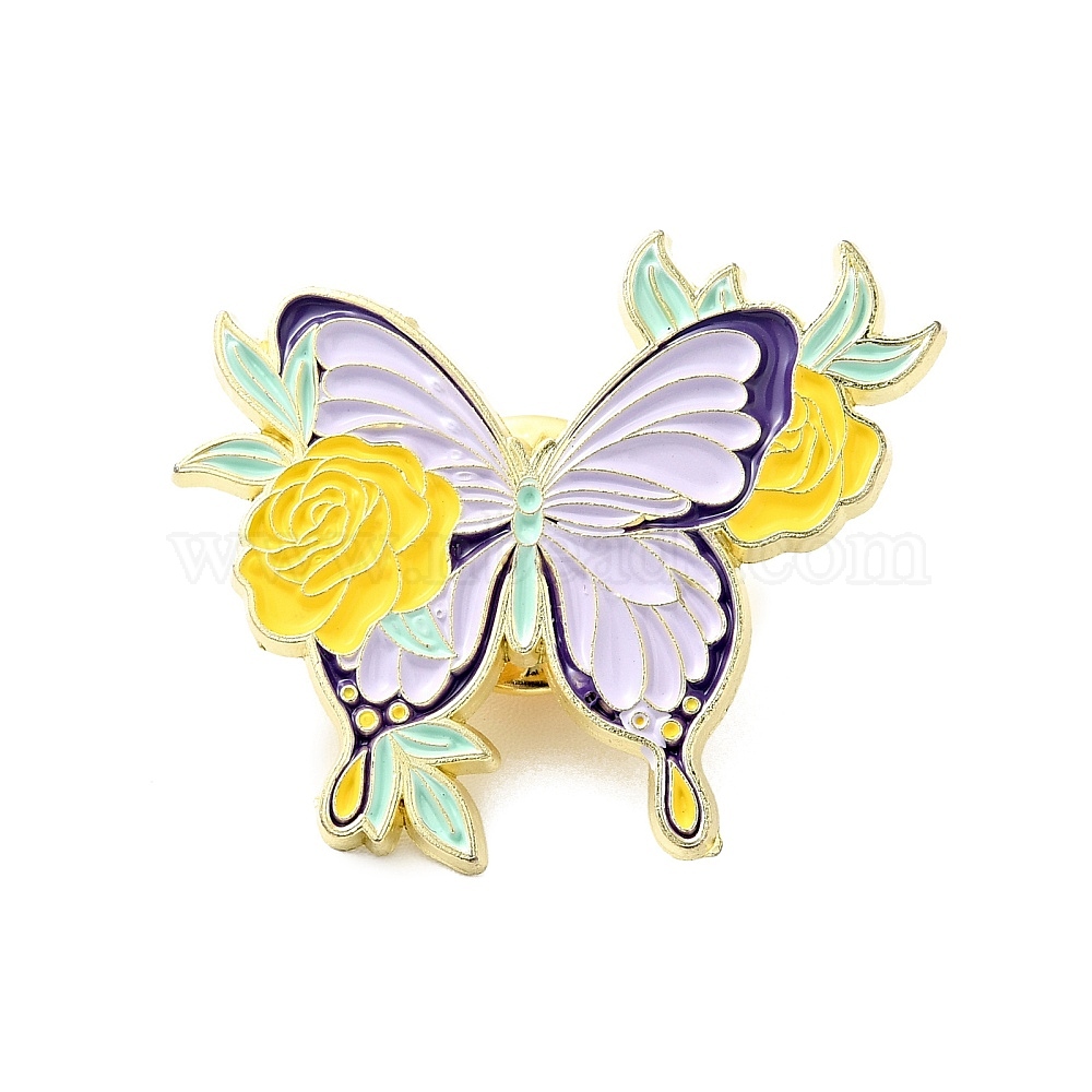 Flower Butterfly Enamel Pin, Gold Plated Alloy Badge for Backpack Clothes,  Green Yellow, 22x30x1.5mm