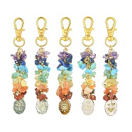 Chakra Gemstone Chips Pendant Decorations, with Alloy Swivel Lobster Claw Clasps and Gemstone Oval Charms with Golden Brass Edge, 103x17x17mm(HJEW-JM01201)