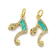 Real 18K Gold Plated Brass Pendants, with Cubic Zirconia and Enamel, Snake Shape Musical Note Charms, Turquoise, 23.5x13.5x3.5mm, Hole: 3mm(KK-L209-015G)