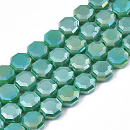 Electroplate Opaque Solid Color Glass Beads Strands, AB Color Plated, Half Plated, Faceted, Octagon, Light Sea Green, 7~8x7~8x4mm, Hole: 1.2mm, about 72pcs/strand, 20.47 inch(52cm)(EGLA-N002-27-A02)