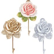 Nbeads 3Pcs 3 Colors Resin Rose Hook Hangers, with Iron Hook, for Hanging Coats, Towel, Mixed Color, 109x62x35mm, Hole: 3~7.5mm, 1pc/color(AJEW-NB0003-71)