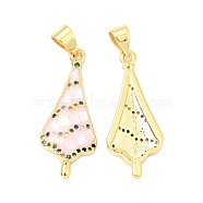 Brass Micro Pave Colorful Cubic Zirconia Pendants, with White Shell and Epoxy Resin, Cadmium Free & Lead Free, Golden, Umbrella, Pink, 26x11x3mm, Hole: 3.5x5mm(KK-G430-01G-03)