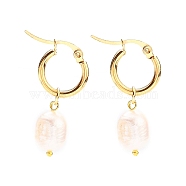 304 Stainless Steel Hoop Earrings, with Rice Natural Cultured Freshwater Pearl Beads, Golden, White, 37mm, Pin: 0.7x1mm(X-EJEW-JE04326)