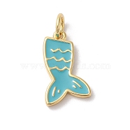 Rack Plating Brass Enamel Pendants, with Jump Ring, Long-Lasting Plated, Cadmium Free & Lead Free, Fish Tail Charm, Real 18K Gold Plated, Dark Turquoise, 19x9x2mm, Hole: 3mm(KK-Z056-48G-01)