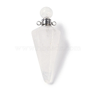 Natural Quartz Crystal Faceted Cone Openable Perfume Bottle Big Pendants, with 304 Stainless Steel Findings, Stainless Steel Color, 49.5~51.5x18.5x18.5mm, Hole: 1.8mm(G-L524-18P-11)