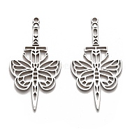 Non-Tarnish 304 Stainless Steel Pendants, Laser Cut, Sword with Butterfly Charm, Stainless Steel Color, 43x22.5x1.5mm, Hole: 1.8mm(STAS-B054-05P)