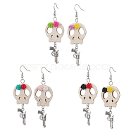 Halloween Theme Brass Dangle Earrings, Alloy Gun & Skull with Flower Tassel Earrings for Women, Mixed Color, 76x25mm, 3 pairs/set(EJEW-JE06039-S)