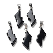 Natural Obsidian Pendants, Lightning Bolt Charms with Stainless Steel Color Plated 201 Stainless Steel Snap on Bails, 31~33x13~14x5mm, Hole: 7.5x4.5mm(G-C057-01P-04)