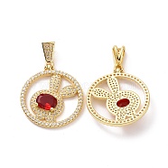 Brass Micro Pave Cubic Zirconia Pendants, Round Ring with Rabbit Charms, Golden, Red, 33.5x30x5mm, Hole: 4x8mm(ZIRC-F134-26G-03)