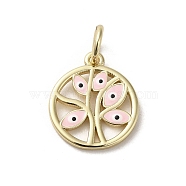 Brass Enamel Charms, with Jump Ring, Real 18K Gold Plated, Flat Round with Tree & Evil Eye Charm, Pink, 15x13.5x1.4mm, Hole: 3.6mm(KK-E092-15G-01)