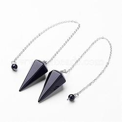 Natural Black Agate Hexagonal Pointed Dowsing Pendulums, with Brass Findings, Platinum, Faceted, 230mm, Hole: 1mm(G-D847-02)