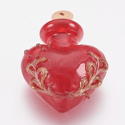 Handmade Lampwork Perfume Bottle Pendants, Essential Oil Bottle, with Gold Sand, Heart, Red, 25~27x23x12mm, Bottle Capacity: 0.5~1ml(0.017~0.03 fl. oz)(LAMP-I018-B03)
