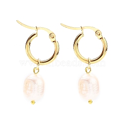 304 Stainless Steel Hoop Earrings, with Rice Natural Cultured Freshwater Pearl Beads, Golden, White, 37mm, Pin: 0.7x1mm(X-EJEW-JE04326)