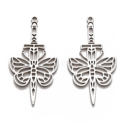304 Stainless Steel Pendants, Laser Cut, Sword with Butterfly Charm, Stainless Steel Color, 43x22.5x1.5mm, Hole: 1.8mm(STAS-B054-05P)