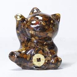 Resin Craft Display Decorations, with Natural Tiger Eye Chip, Lucky Cat Figurine, for Home Feng Shui Ornament, 63x55x45mm(DJEW-PW0021-29G-12)