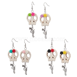 Halloween Theme Brass Dangle Earrings, Alloy Gun & Skull with Flower Tassel Earrings for Women, Mixed Color, 76x25mm, 3 pairs/set(EJEW-JE06039-S)