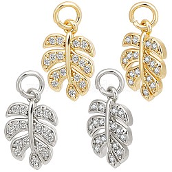 12Pcs 2 Colors Brass Micro Pave Cubic Zirconia Charms, Tropical Leaf Charms, Monstera Leaf Charm, Platinum & Golden, 14x9.5x2mm, Hole: 3mm, 6pcs/color(KK-BBC0005-68)