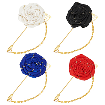 4Pcs 4 Colors Rose Polyester Lapel Pin Brooches for Men, with Iron & Alloy Finding, Mixed Color, 69x94x12.5mm, 1pc/color