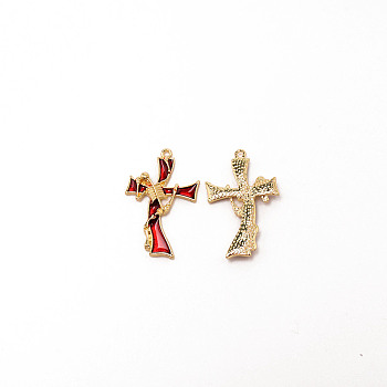 Alloy Enamel Pendants, Cross with Skull, Religion, Red, Light Gold, 37x23x3.5mm, Hole: 1.5mm