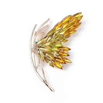 Rhinestone Butterfly Brooch Pin, Light Gold Alloy Badge for Women, Topaz, 73.5x64x15mm, Pin: 0.8mm