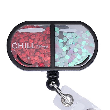 Sequin Quicksand Effect Acrylic & ABS Plastic Badge Reel, Retractable Badge Holder, Pill, 87mm, Pill: 35x55mm