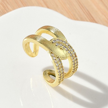 Brass Micro Pave Cubic Zirconia Cuff Open Rings, Criss Cross Rings, Cadmium Free & Lead Free, Rack Plating, Long-Lasting Plated, Golden, 10mm, Inner Diameter: 17mm