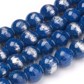 Natural Mashan Jade Beads Strands, Brushed Silver Color, Dyed, Round, Medium Blue, 4mm, Hole: 0.8mm, about 90pcs/strand, 15.7 inch(40cm)