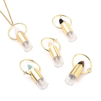 304 Stainless Steel Openable Perfume Bottle Pendant Necklaces, with Natural Gemstone, Lipstick Shape, Golden, 27.55 inch(70cm), Bottle Capacity: 3ml(0.1 fl. oz)