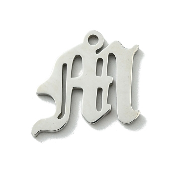 201 Stainless Steel Pendants, Stainless Steel Color, Old Initial Letters Charms, Letter M, 18.5x20x1.6mm, Hole: 1.8mm