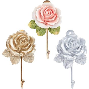 Nbeads 3Pcs 3 Colors Resin Rose Hook Hangers, with Iron Hook, for Hanging Coats, Towel, Mixed Color, 109x62x35mm, Hole: 3~7.5mm, 1pc/color