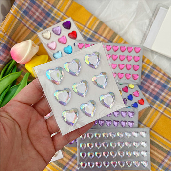 Plastic Rhinestone Self-Adhesive Stickers, Waterproof Bling Faceted Heart Crystal Decals for Party Decorative Presents, Kid's Art Craft, Clear AB, 75x75mm