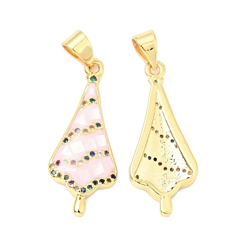 Brass Micro Pave Colorful Cubic Zirconia Pendants, with White Shell and Epoxy Resin, Cadmium Free & Lead Free, Golden, Umbrella, Pink, 26x11x3mm, Hole: 3.5x5mm