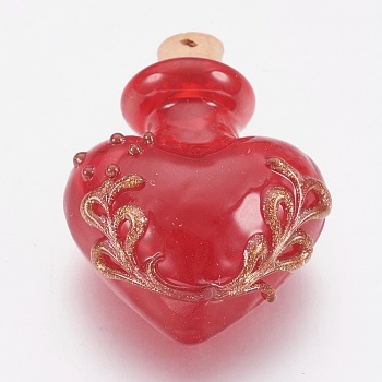 Handmade Lampwork Perfume Bottle Pendants, Essential Oil Bottle, with Gold Sand, Heart, Red, 25~27x23x12mm, Bottle Capacity: 0.5~1ml(0.017~0.03 fl. oz)